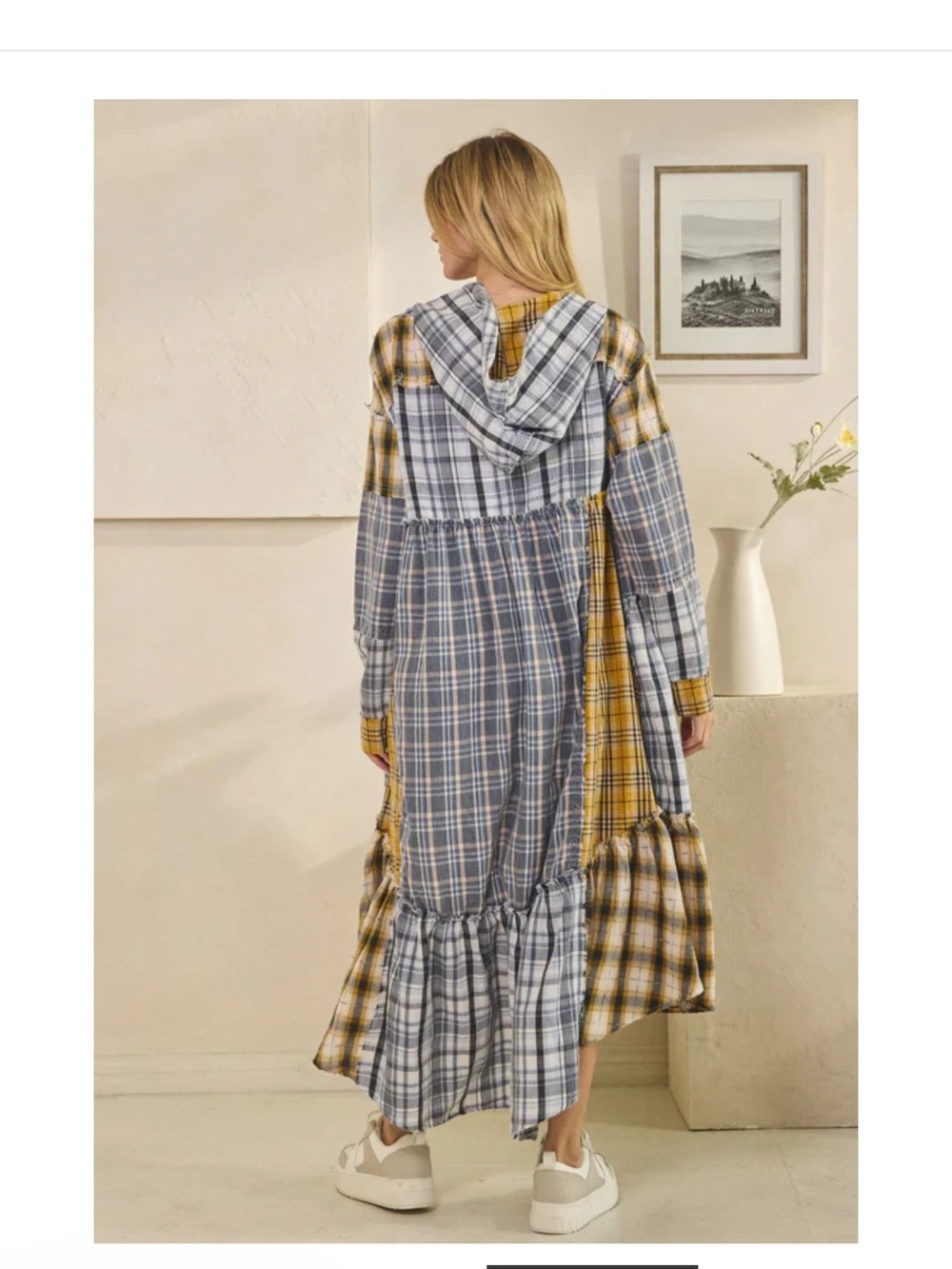 New Oli & Hali Yellow & Blue Plaid Patchwork duster with Hood XS - Picture 3 of 7